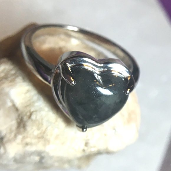 Burmese Black Jade Heart Ring .925 Type A RARE Sterling Silver - Picture 9 of 16